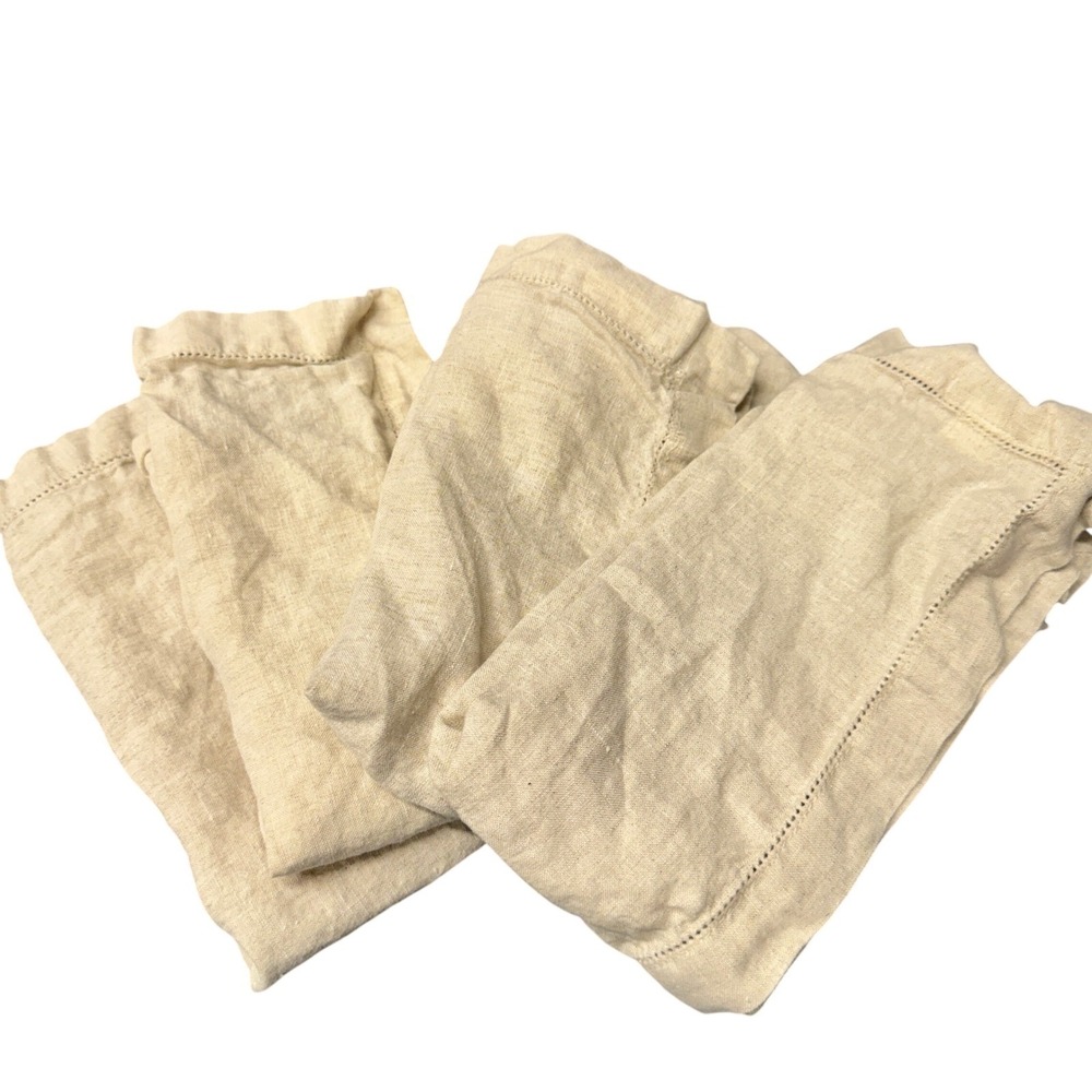 Pottery Barn Linen Napkins Set of 4 Hemstitch Flax Tan Table Linens 20"x20"